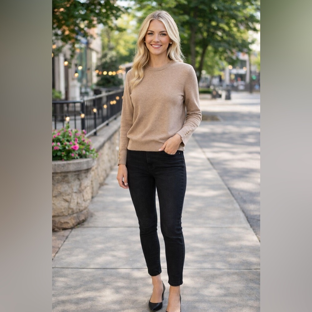 Lovecrazy Tan Knit Sweater & Sonoma Black Ankle Jeans Chic Casual Outfit Bundle